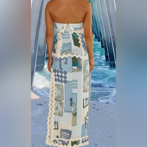 Casual Ribbon Trim Tile Print Tuscany Floral Strapless Bohemian Dress - Picture 2 of 13